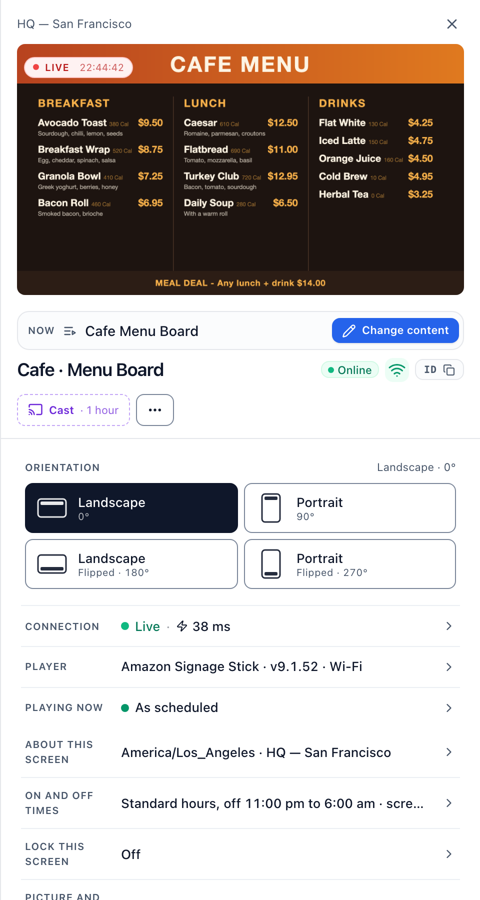 Brix screen panel: live preview of an Amazon Signage Stick