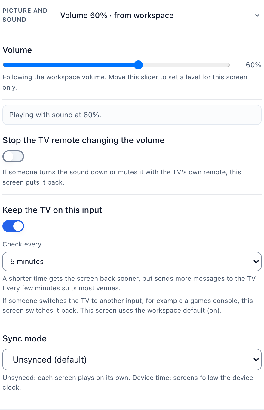 Picture and sound on a Signage Stick: the volume slider and the two lock switches.