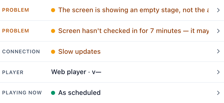 The five summary rows in the screen panel: Connection, Device, Content storage, Activity and Playing, each with its current value on the right.