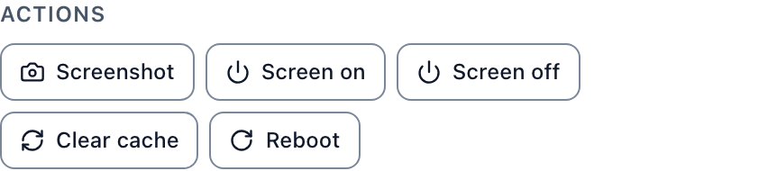 The Actions section of a Signage Stick's panel in Brix: Screenshot, Screen on, Screen off, Clear cache and Reboot.