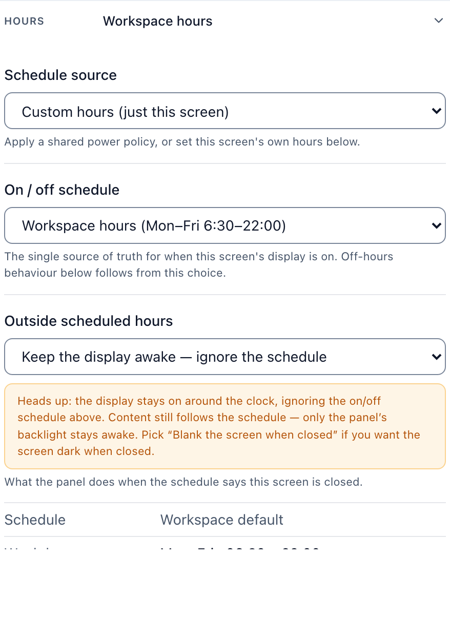 The Hours section with the schedule source, the day windows and the off-hours choice.