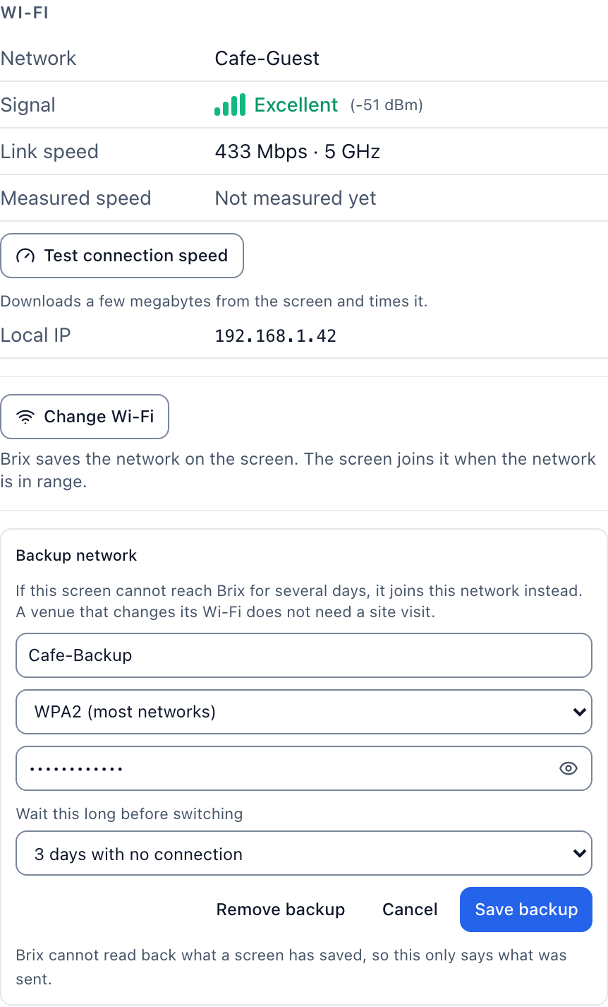 The Wi-Fi section of a Signage Stick, with the Backup network form open.