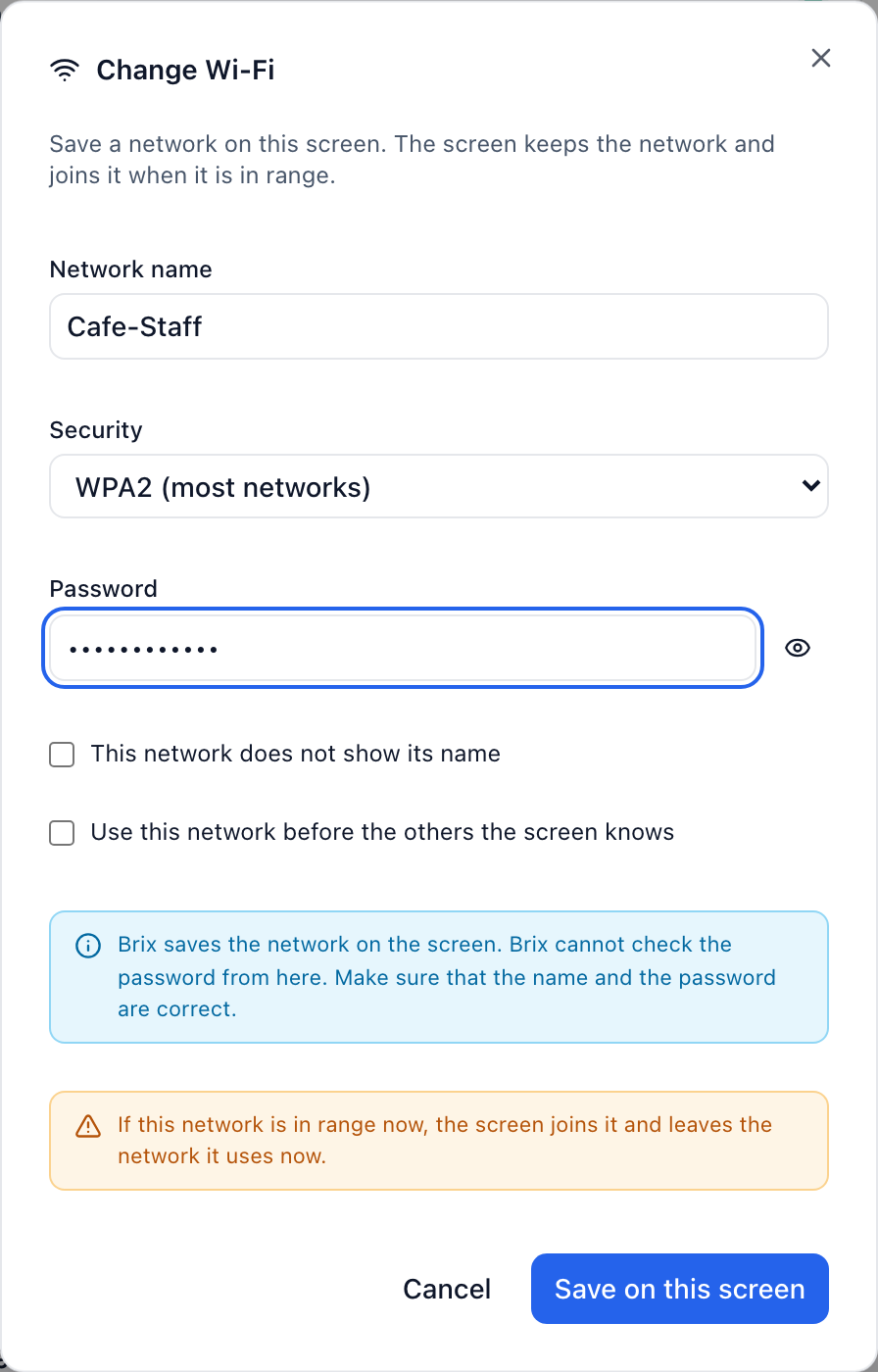 The Change Wi-Fi dialog for one Signage Stick.