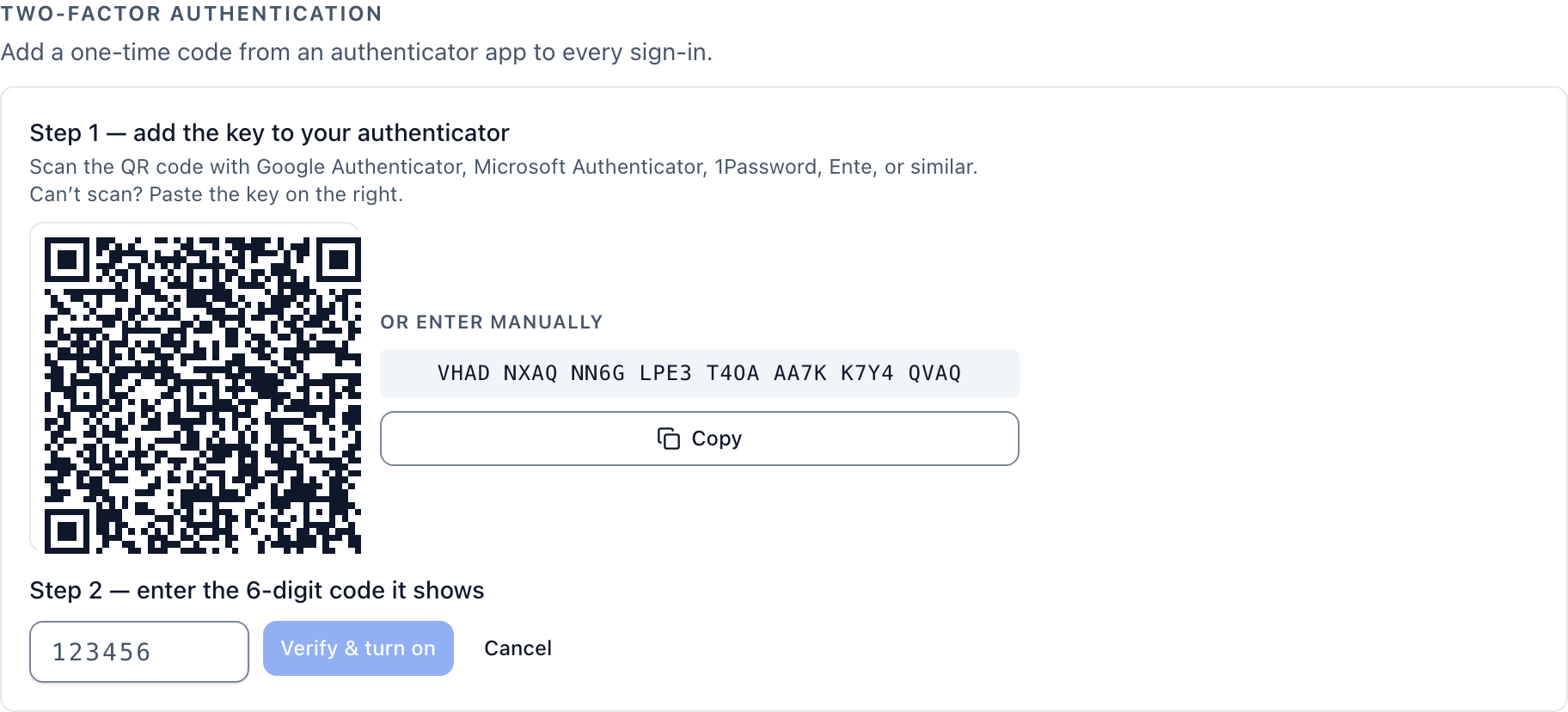 The Two-factor authentication section shows the QR code, the manual setup key and the 6-digit code field.