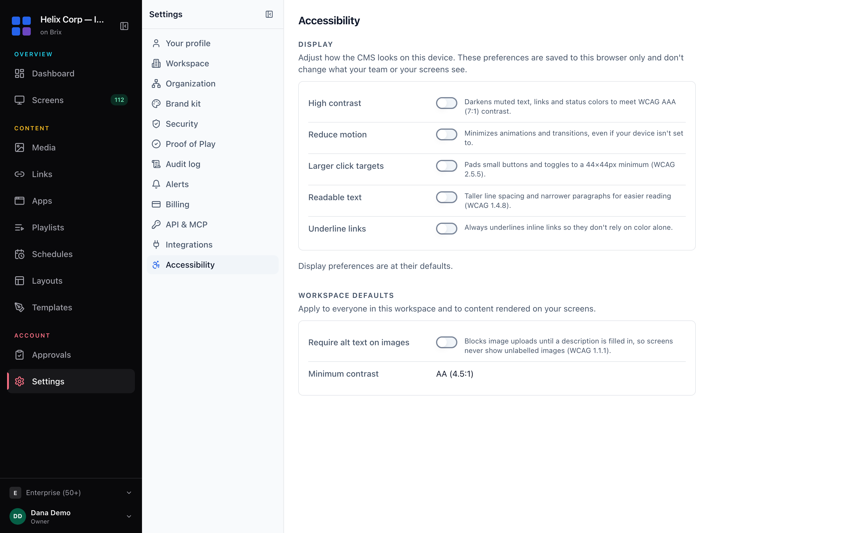 The Accessibility page shows the five Display switches, the reset link and the workspace defaults.