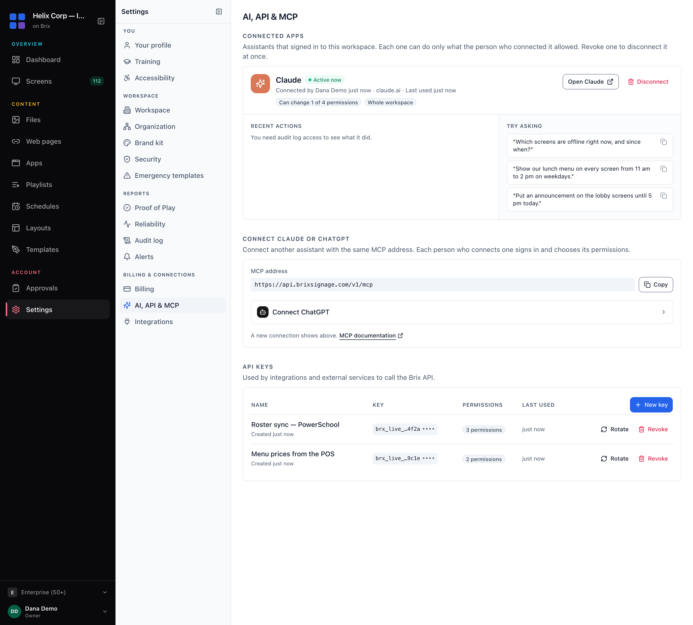 Settings, AI, API & MCP: connect Claude or ChatGPT, the connected apps, and your API keys.