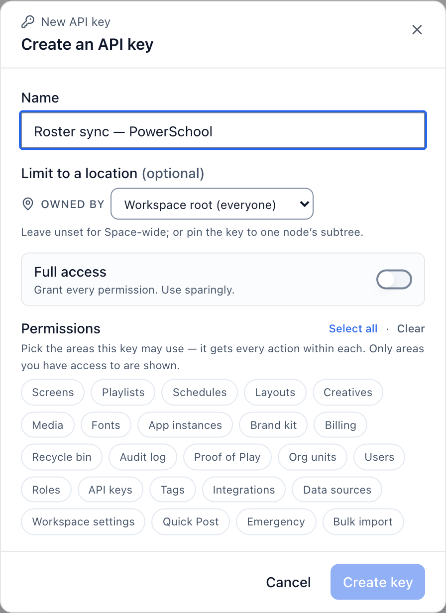 The Create an API key dialog holds the Name field, the location picker, the Full access switch and the permission chips.