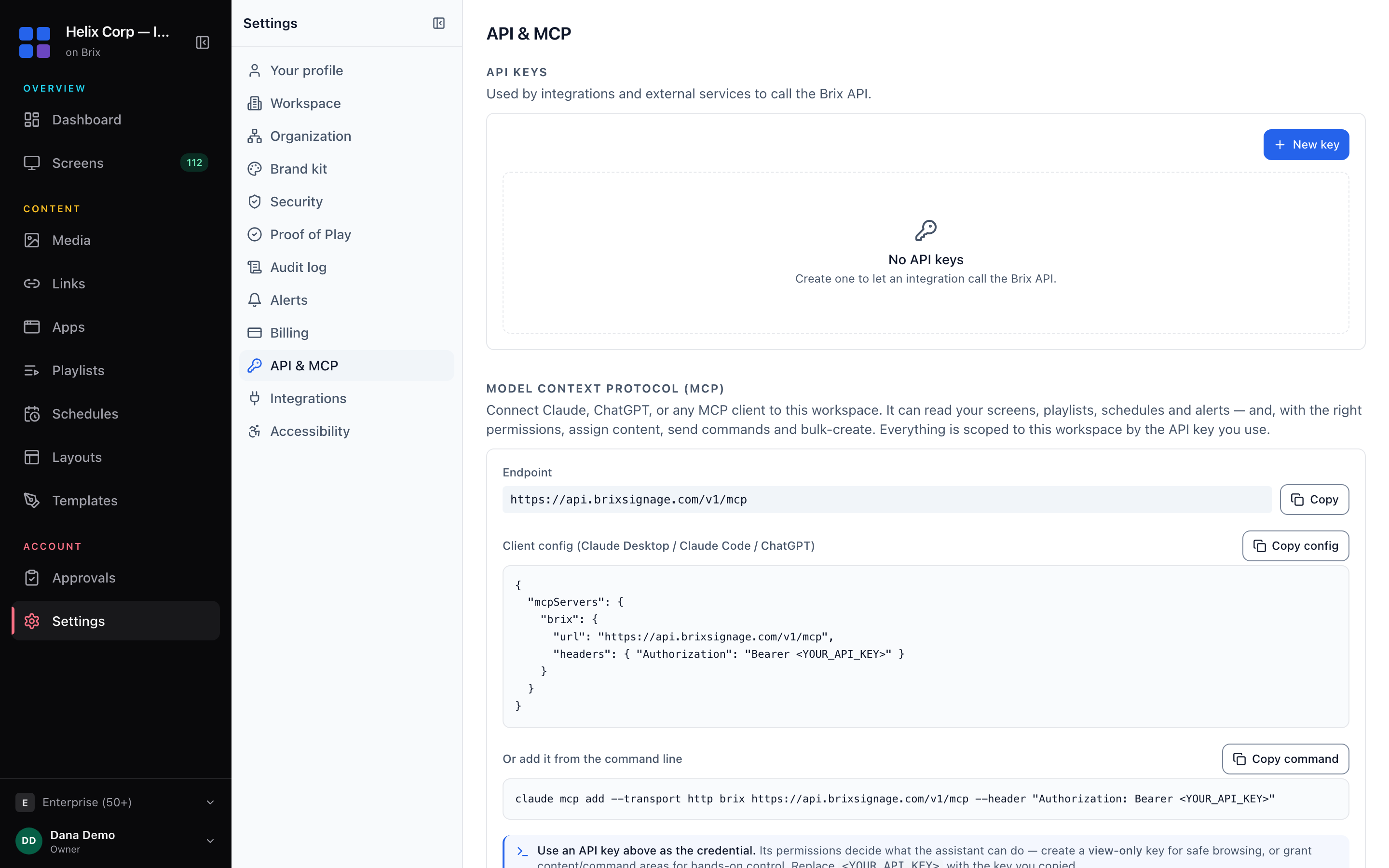 The API keys page shows the New key button above a table of keys with their preview, permissions and last use.
