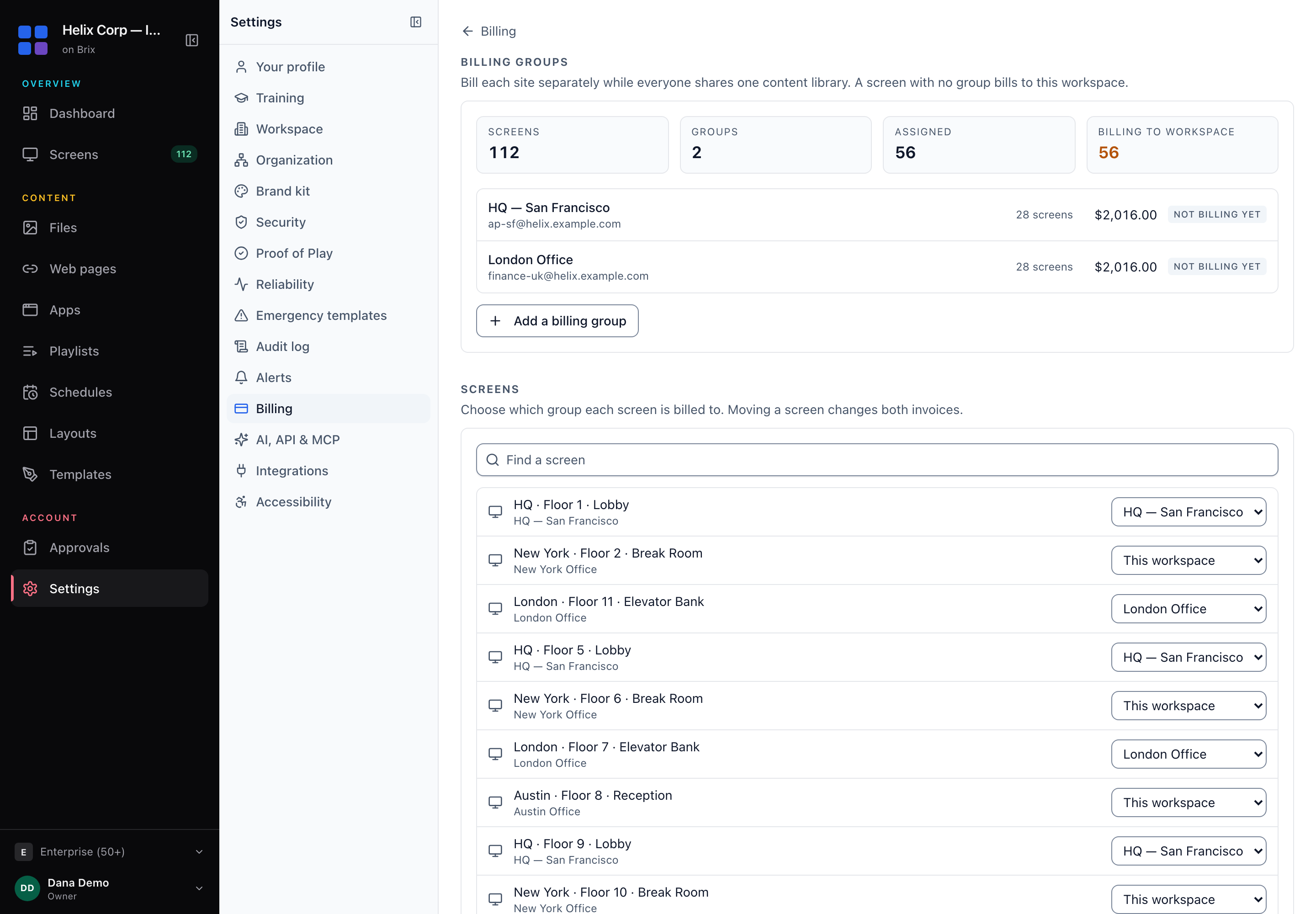 Billing groups: each site's screens, total and finance contact, and the group each screen bills to.