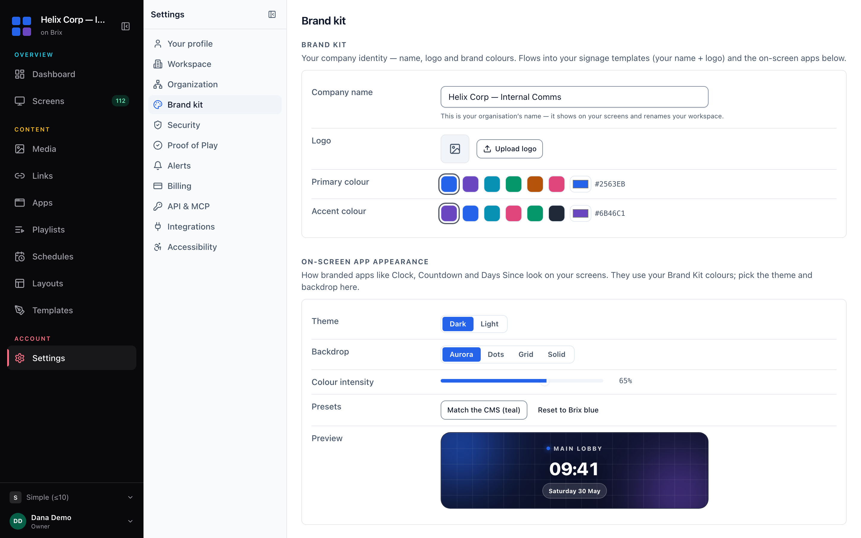 The Brand kit page: the Company name field, the logo, and the Primary color and Accent color swatch rows.