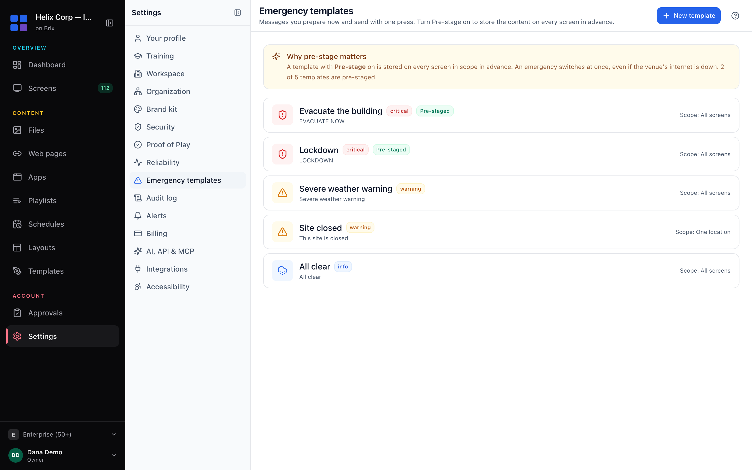 Settings, Emergency templates: prepared messages with their severity, scope and Pre-stage.