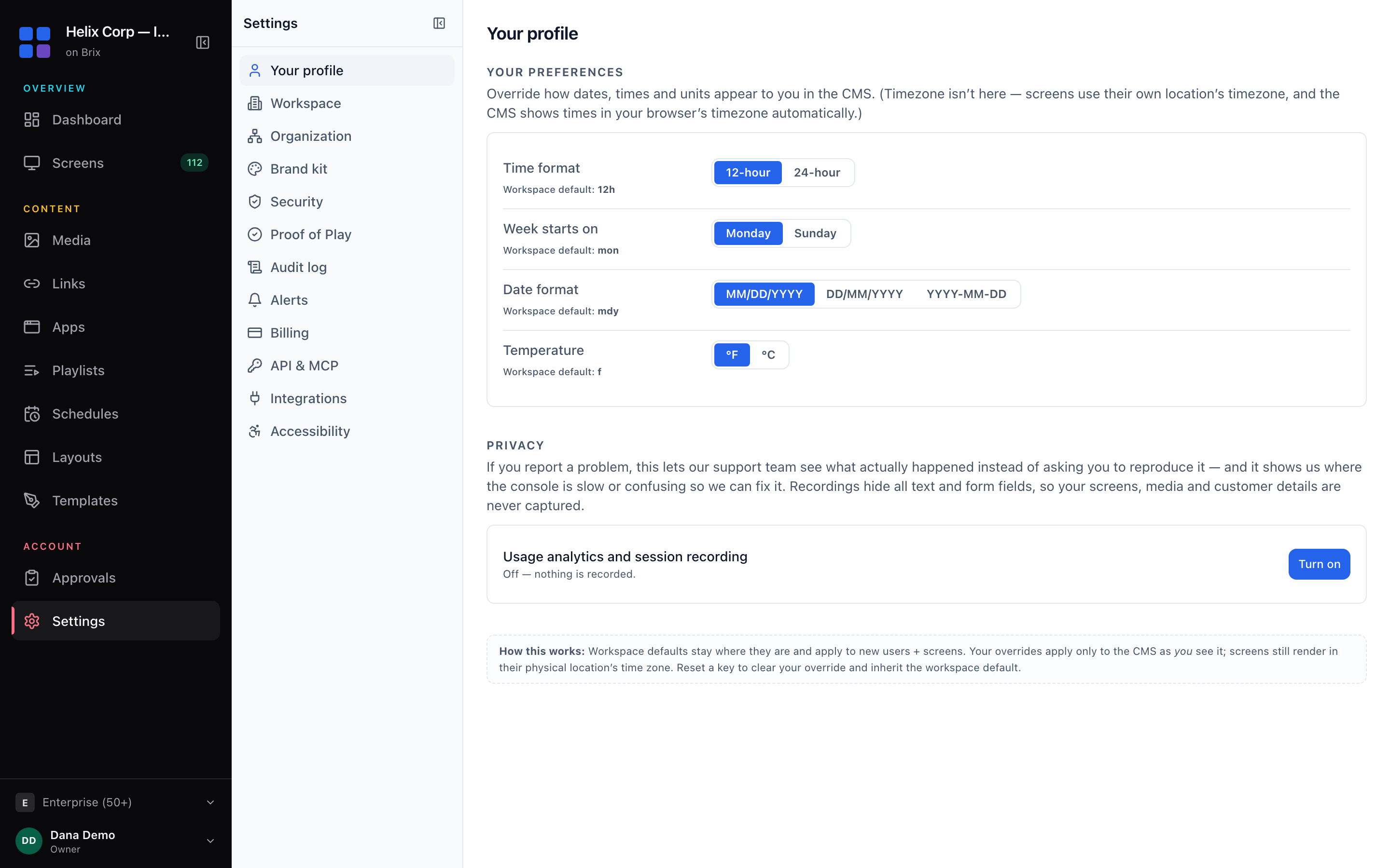 The Your profile page shows the four preference pickers and the Privacy section below them.