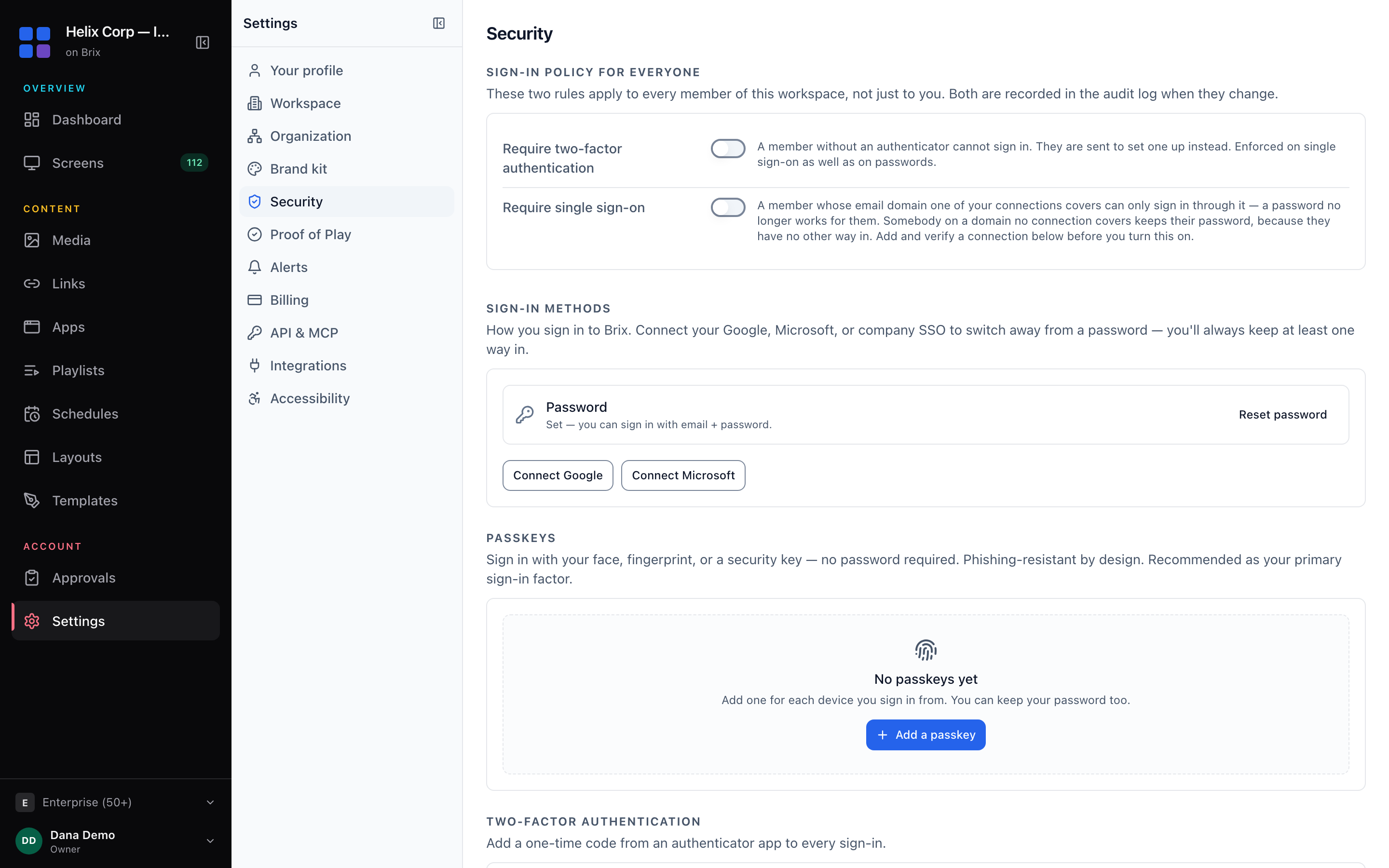 The Security page shows the Password row, the Connect Google and Connect Microsoft buttons and the top of the Passkeys section.
