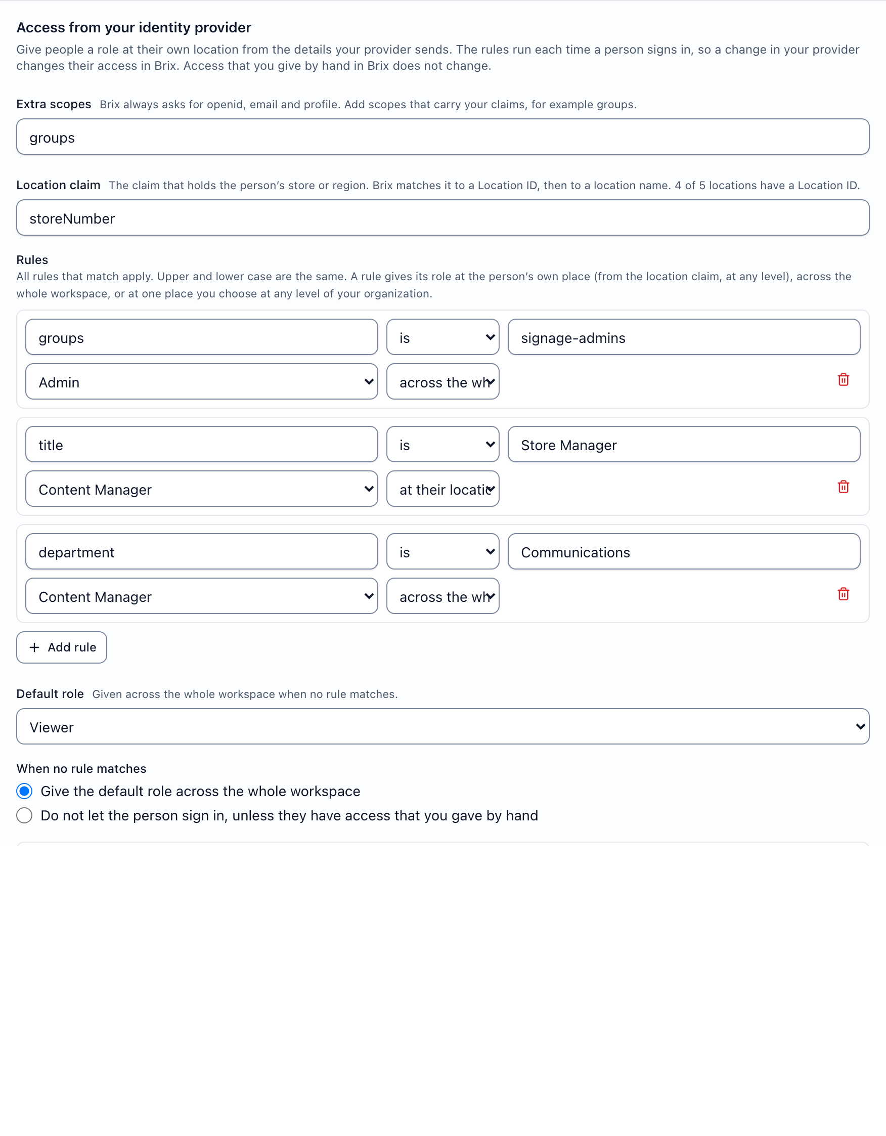 Access rules for an SSO connection: a location claim, three rules and a default role