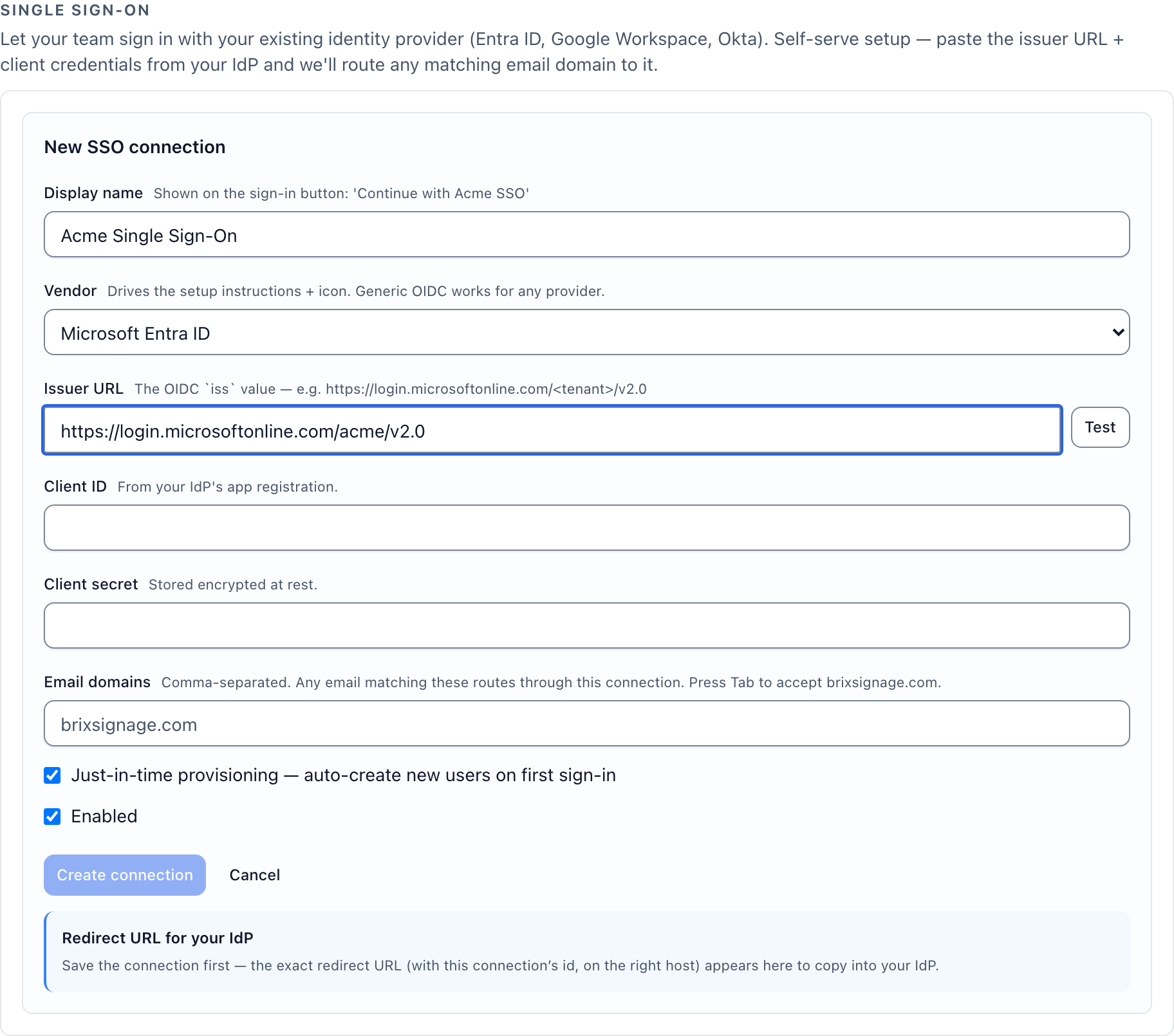 The New SSO connection editor shows the vendor list, the issuer test result and the redirect URL panel.