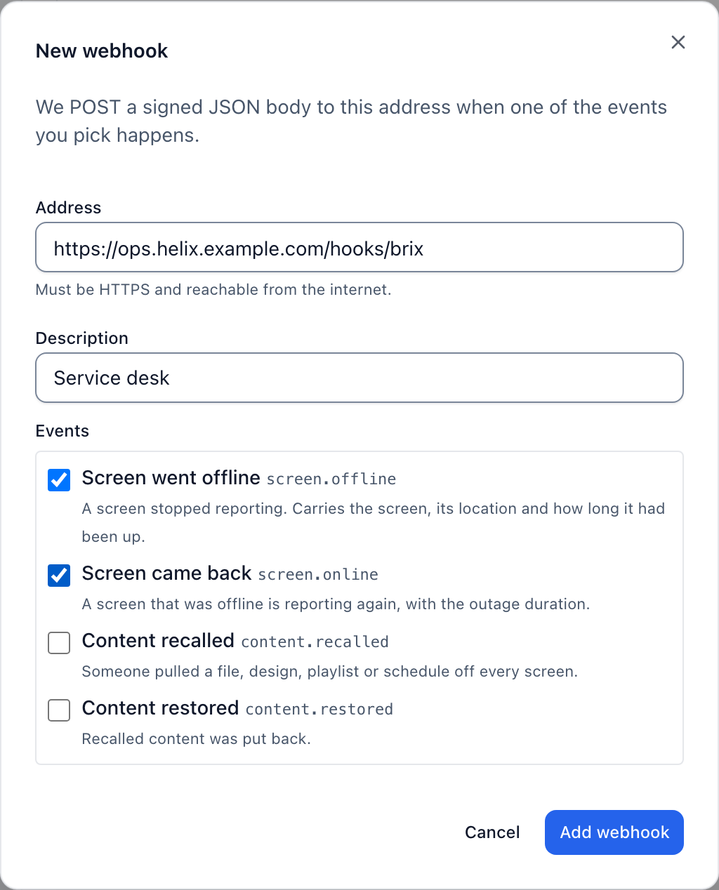 The New webhook dialog, with the address and the events to send.