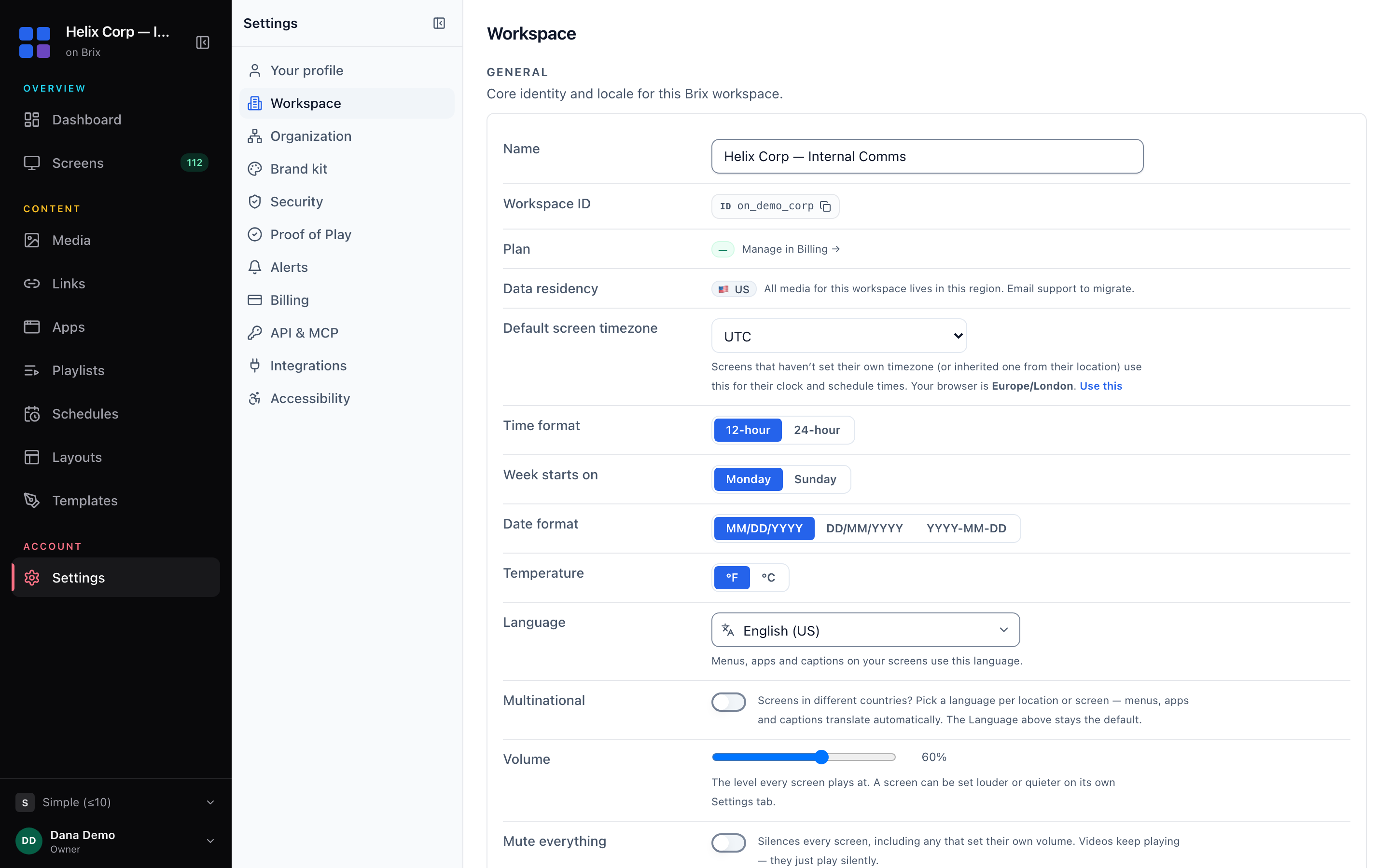 The Workspace page: the settings list on the left and the General card with the Name, Plan, time zone and format rows.