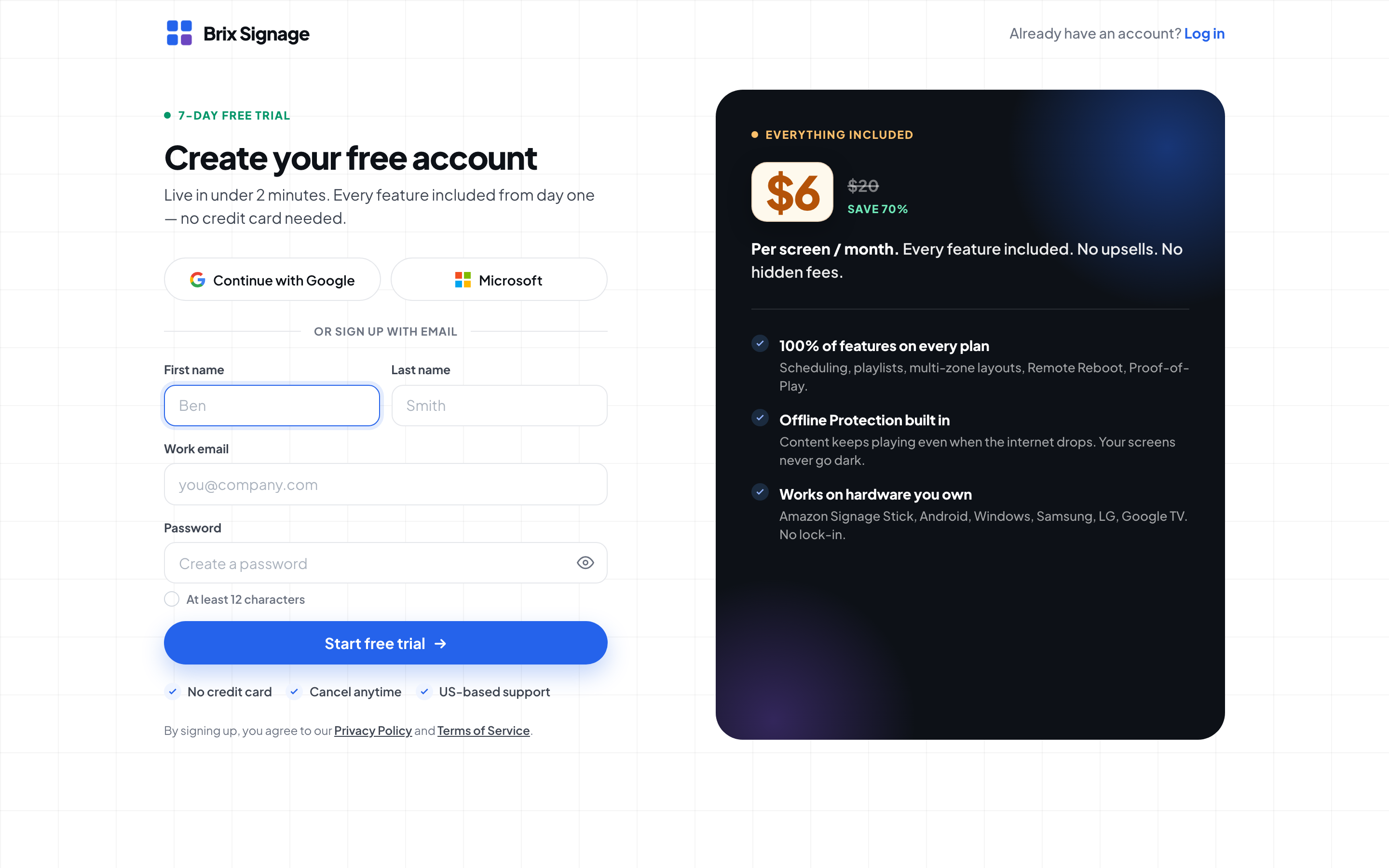 The sign-up page, with the name, work email and password fields beside the Brix value rail.