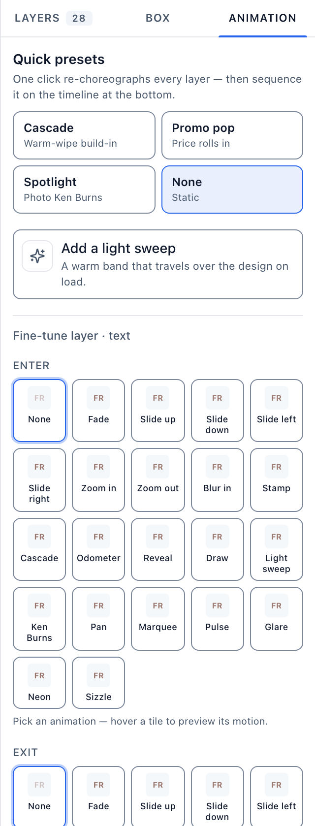 The Animation tab holds the four quick presets, the light sweep button, and the Enter and Exit pickers.