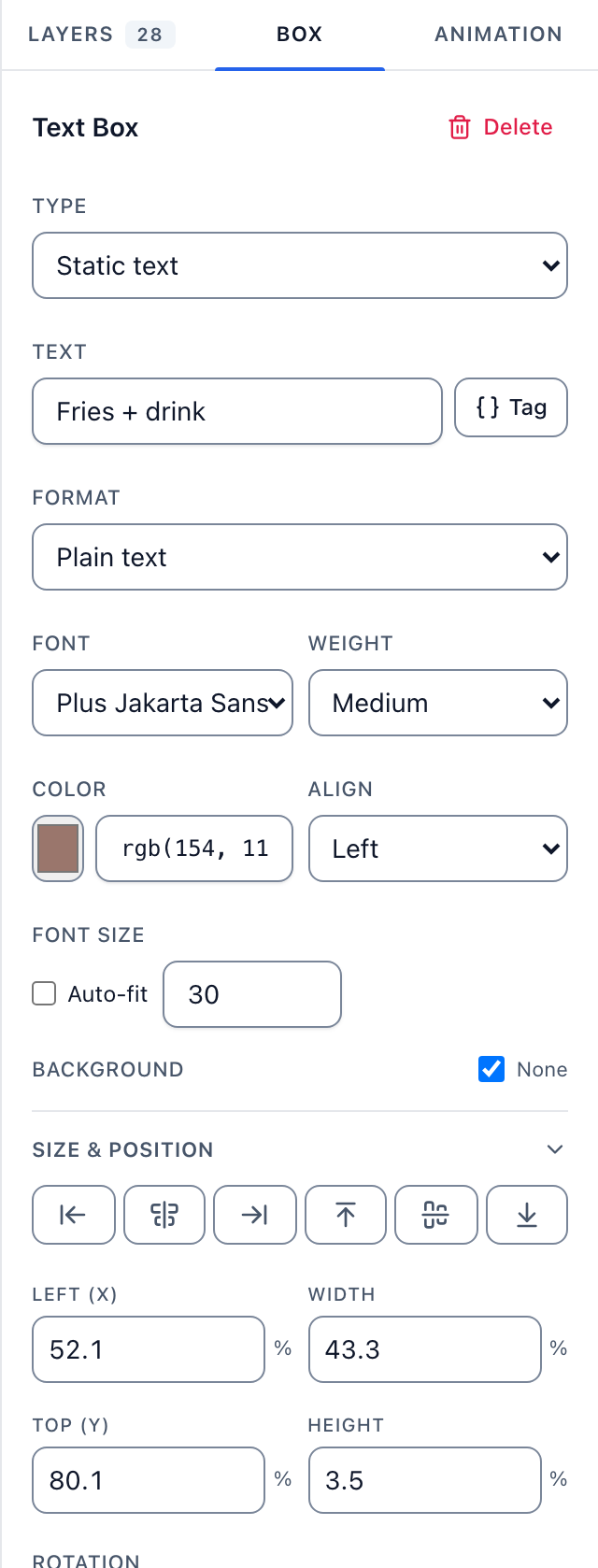 The Box tab for a selected layer, with the On tap control that sends a viewer to another scene.