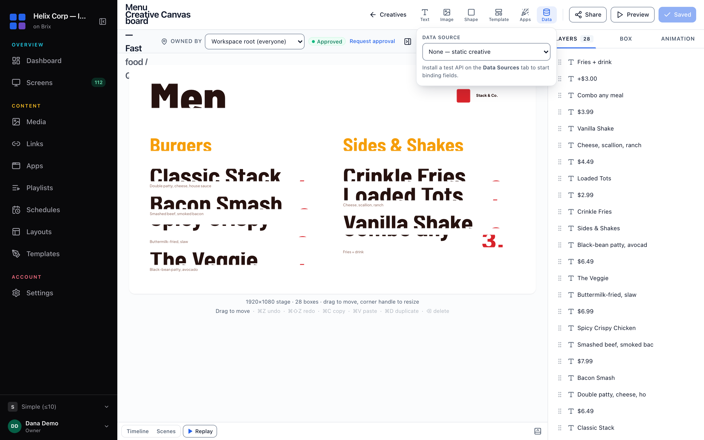 The Data flyout open in the design editor, with the Data source list set to the static option.