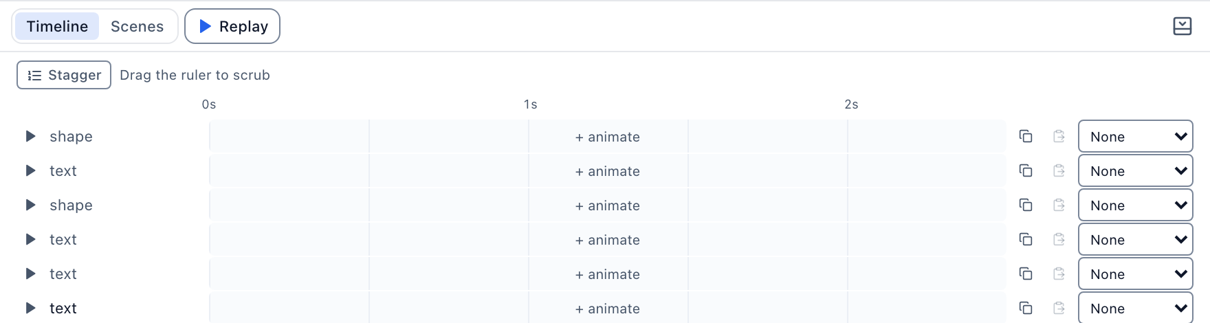 The timeline dock pinned open, with one track for each layer of the design.