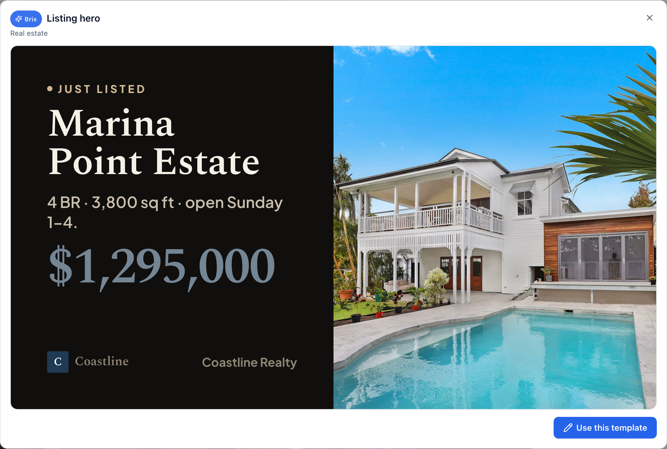 A Brix real estate listing template: the photo, the key facts and the price.
