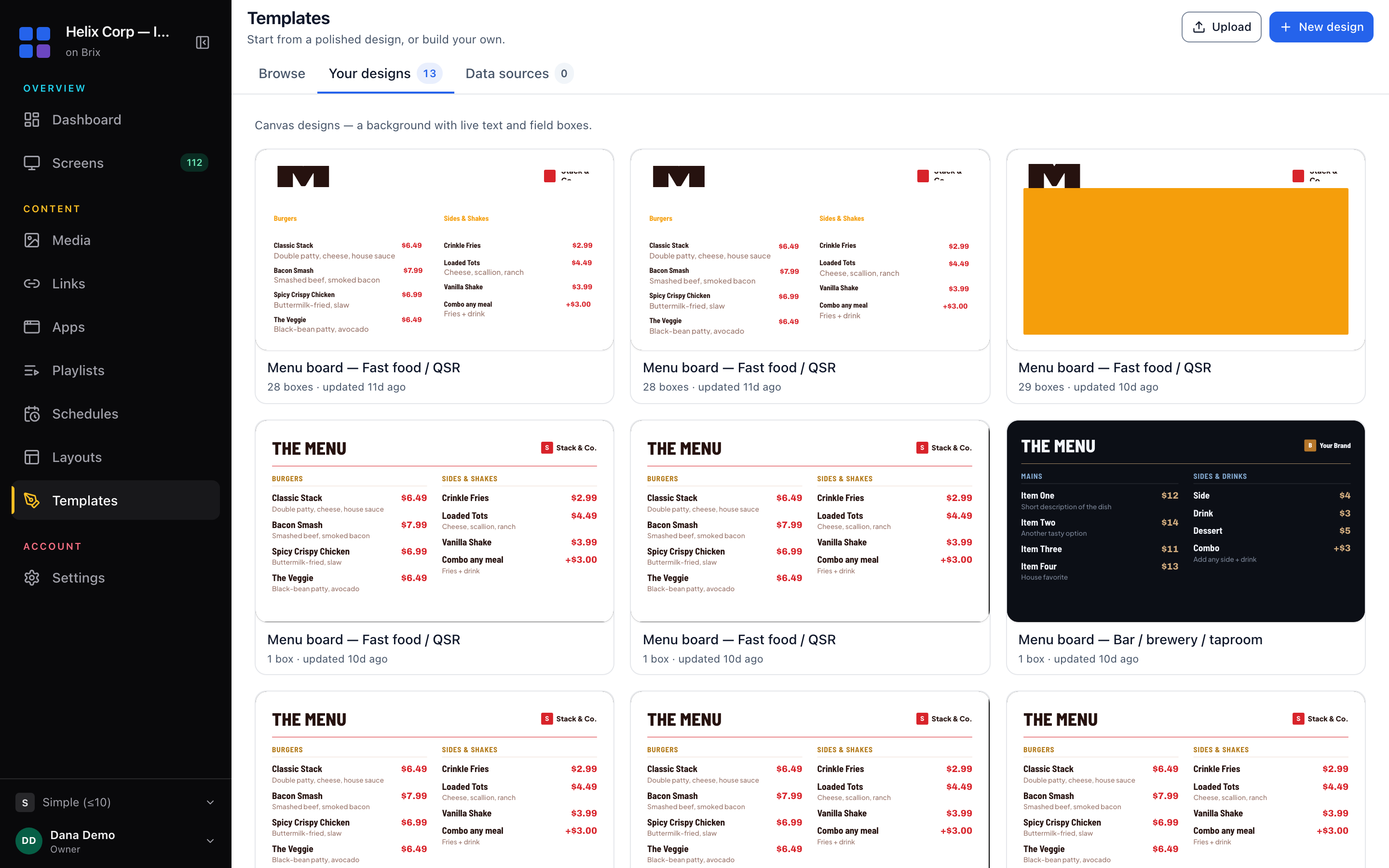 The Your designs tab. A design somebody shares with you opens from here, like any other card.